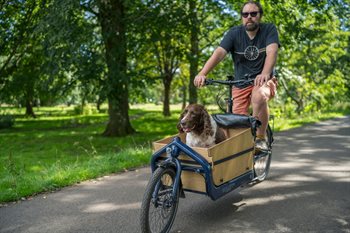 Man engaging in Active Travel on a bicycle with a dog